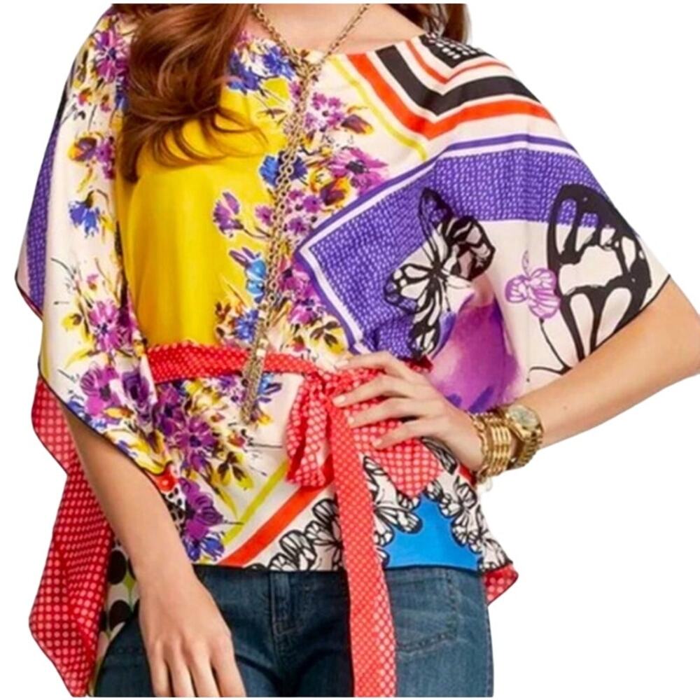 Cabi Silk Kimono Top Floral Butterfly Print Tie Waist Blouse Colorful Womens S